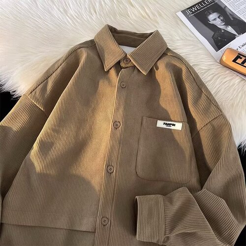Corduroy long-sleeved shirt for men, 2025 spring and autumn new style, Hong Kong style, loose large size, Japanese American shirt, couple trend