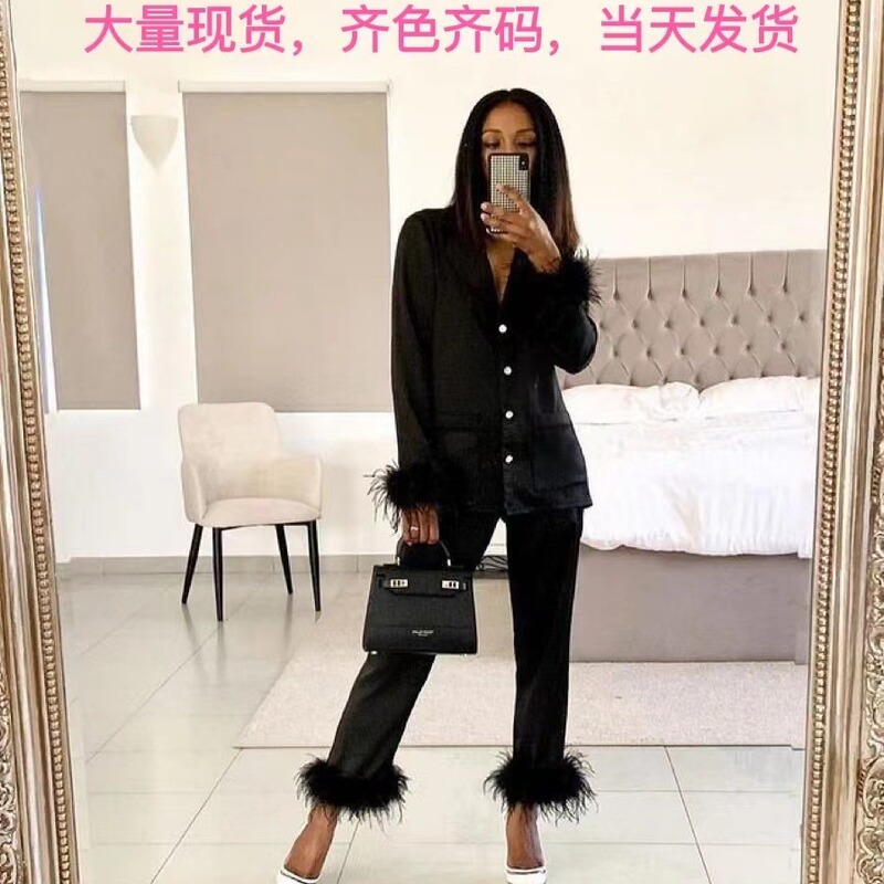 2022 Amazon independent station women's solid color suit lapel top feather trousers two-piece pajamas suit 2022 Amazon independent station women's solid color suit lapel top feather trousers two-piece pajamas suit