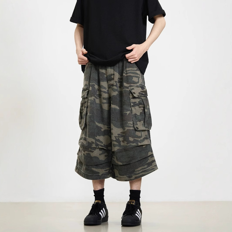 Summer American Pocket Wide Leg Camouflage Denim Cropped Pants New Arrival Fashionable Brand Loose Casual Cropped Pants for Men and Women