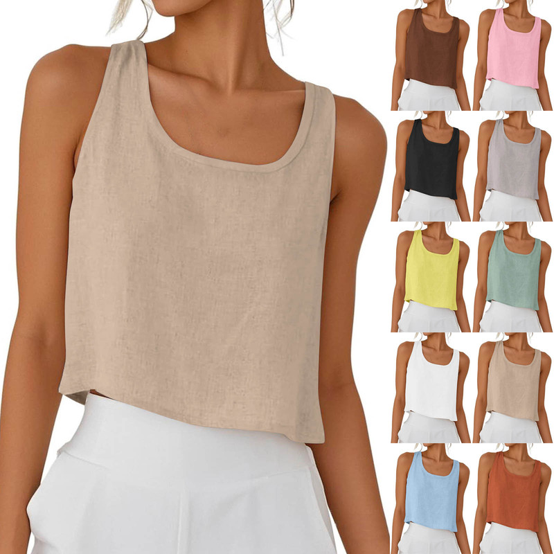 2025 Amazon European and American Cross-Border Cotton and Linen Casual Camisole Sleeveless Round Neck Button Women's Shirt Top