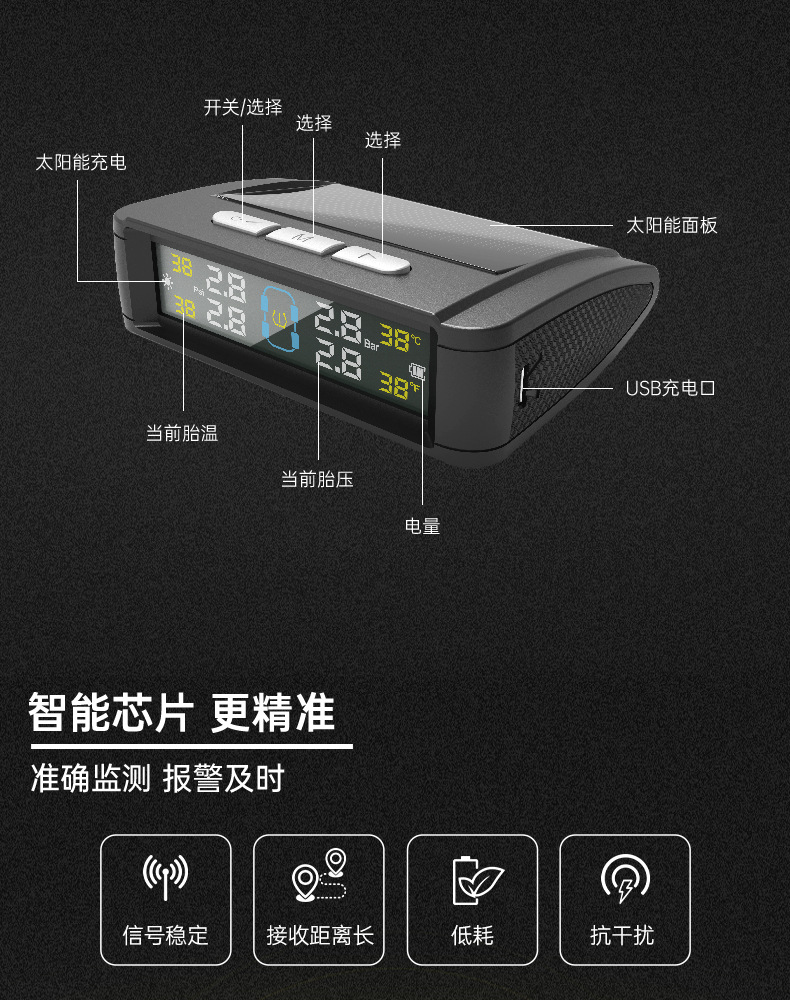 T11 Tire Pressure Monitoring System High-Precision Solar-Powered Tire Pressure Monitor Tpms Tire Pressure Wireless Device Smart