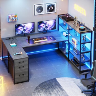 SEDETA corner computer desk, double-sided U-shaped desk with 3 fabric drawers and power sockets, desk
