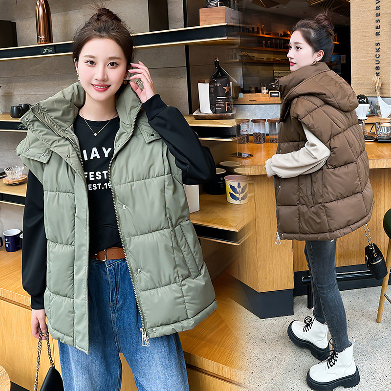 2024 transfronterizo Europa y los Estados Unidos nueva ropa de mujer de color sólido con cremallera bolsillo chaleco de algodón de moda con capuchón temperamento chaqueta de viaje image 4