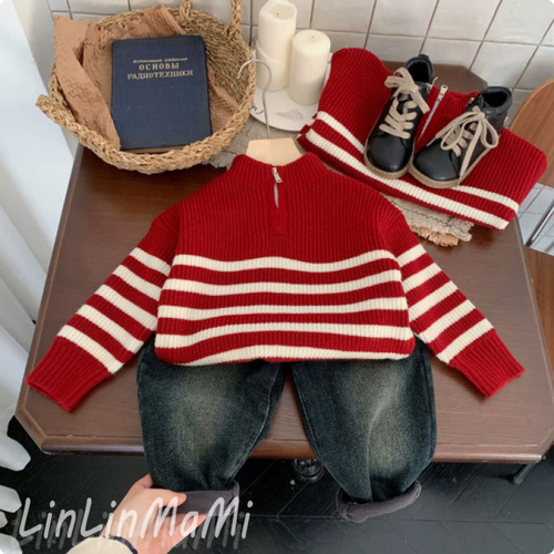 Red Knit Sweater for Boys - Autumn/Winter 2025, Snake Year - Stylish Children's Striped Line Sweatshirt, Baby Festive New Year Top, Trendy