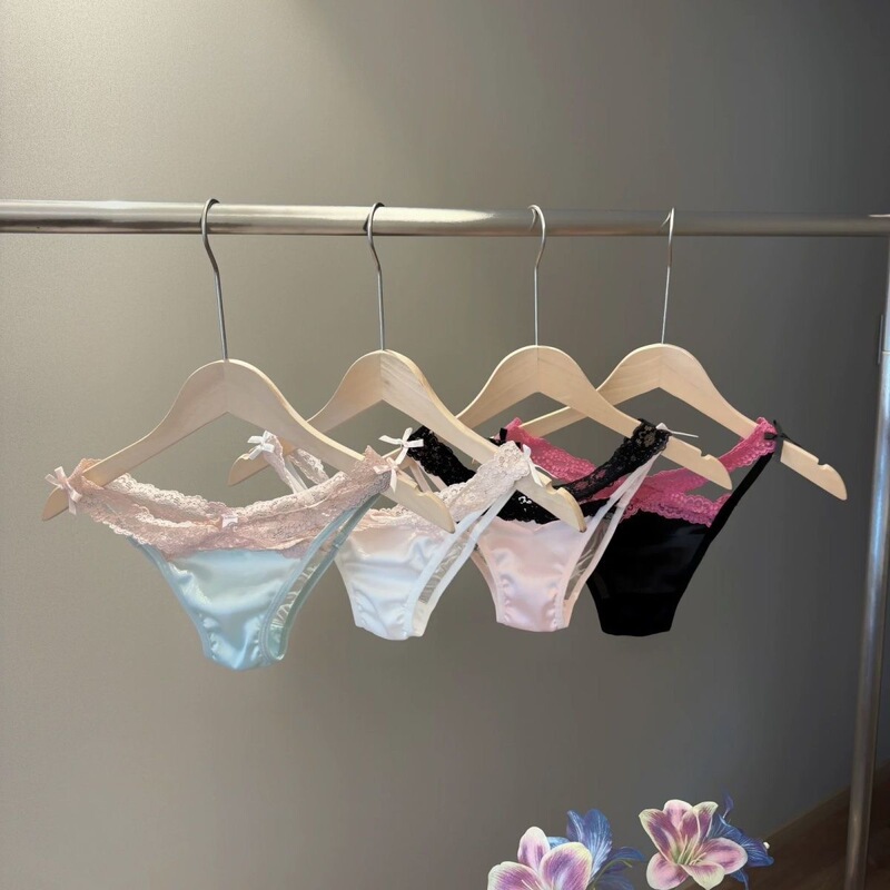 French Summer Dopamine Color Underwear Women Low Waist Lace Bow Sexy Satin Briefs Women