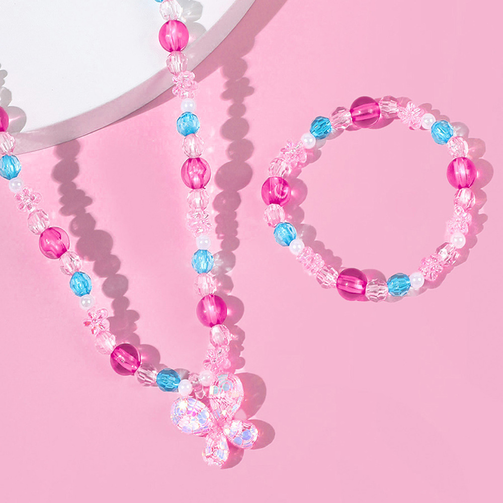 Butterfly Pendant Color Acrylic Handmade Bead Bracelet and Necklace Set