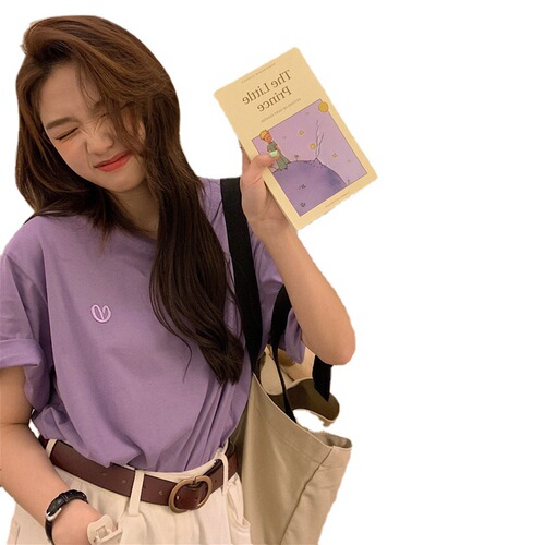2025 Summer Embroidered Short-Sleeve T-Shirt for Women, White, New Style Simple Round Neck Loose Base Shirt for Girls, Over-the-Head Top