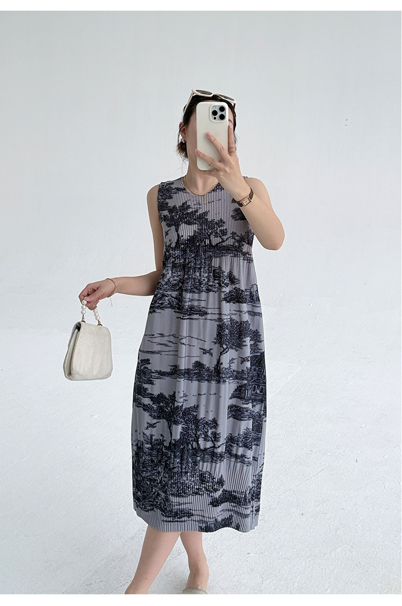 Váy maxi nữ in hoa sứ trắng xanh thắt eo phong cách Trung Quốc — Màu sâm panh chi tiết 21