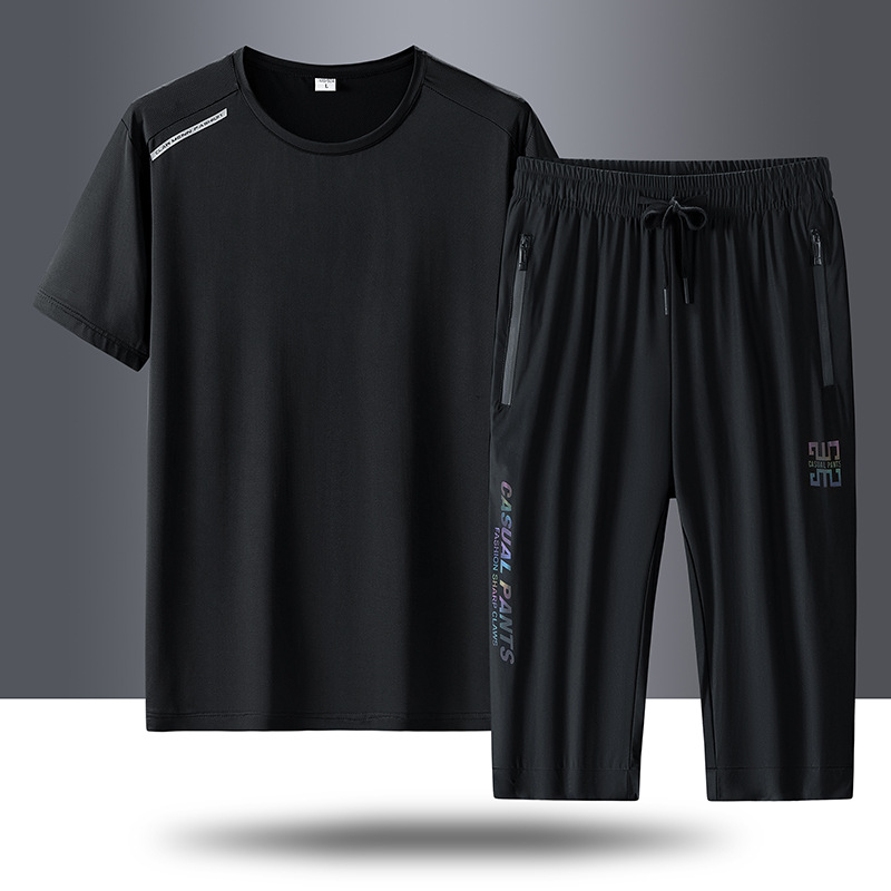 Traje de seda de hielo de deportes de secado rápido para hombres, pantalones cortos de secado rápido de verano para hombres, ropa deportiva de manga corta, pantalones de cinco puntos al por mayor