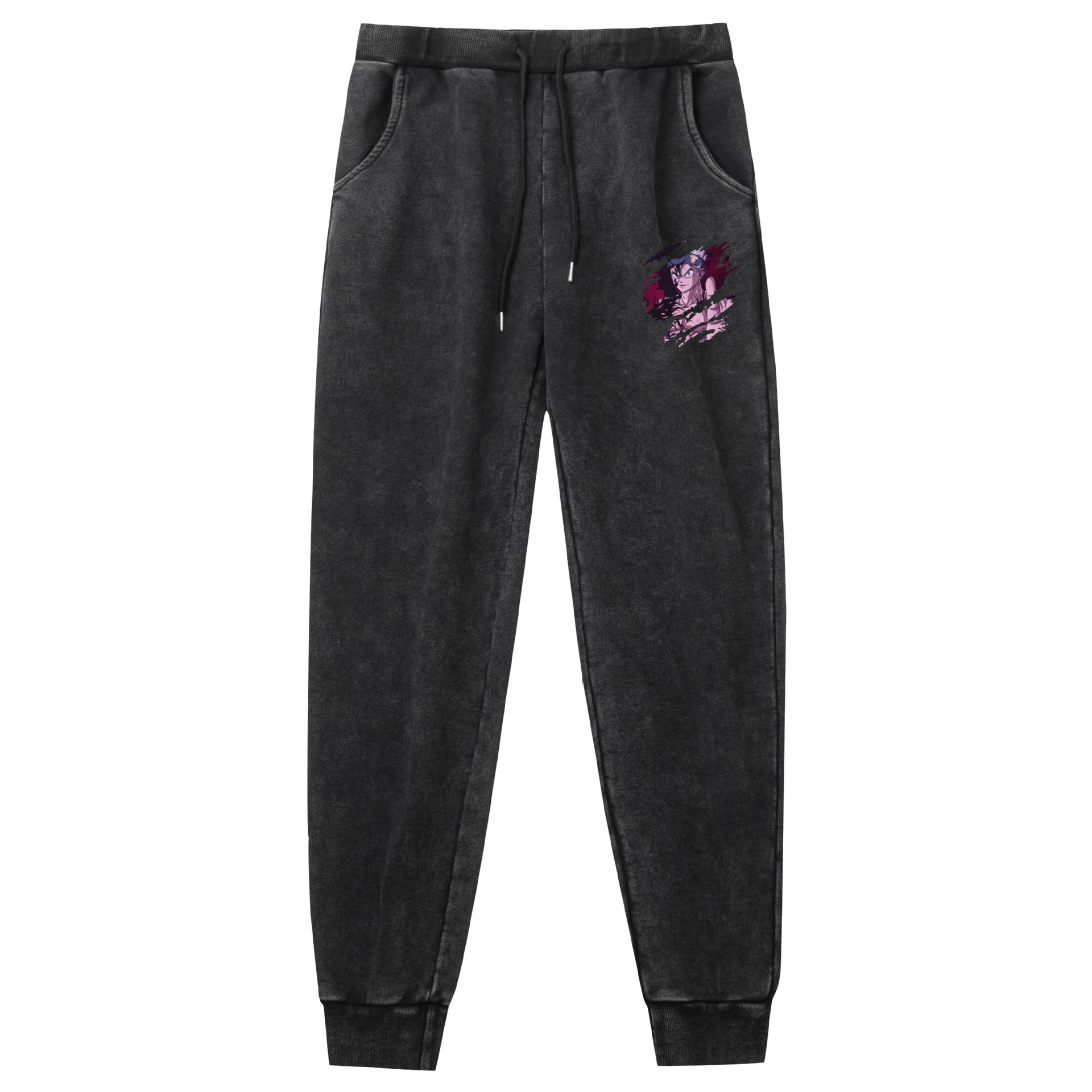 Lavado y desgastado pantalones retro negro trébol de cuatro hojas Black Clover venta caliente estampado al aire libre deportes de ocio