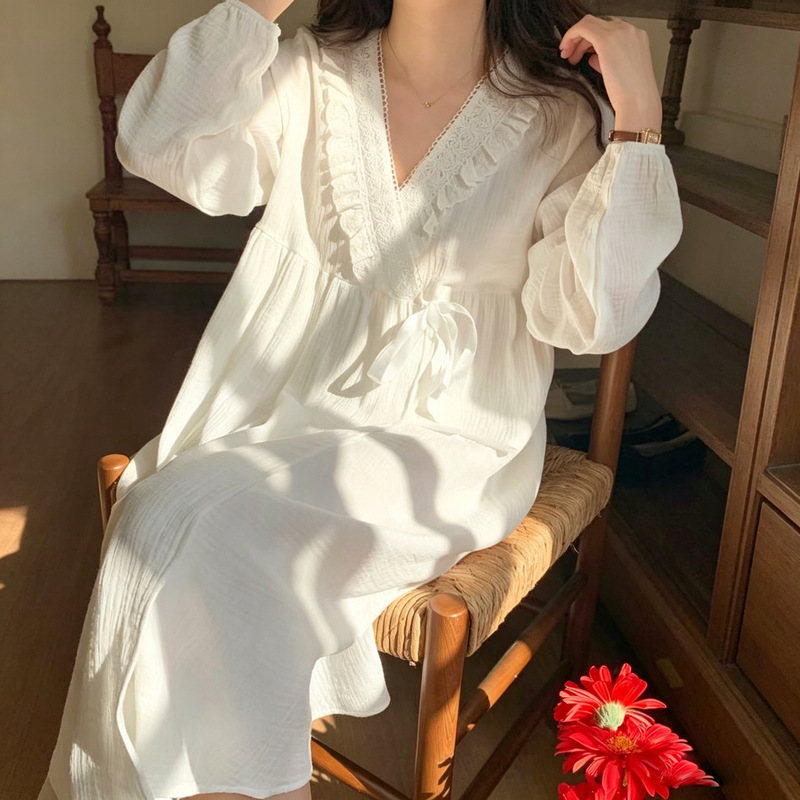 Princess-style cute lace pure cotton gauze lace-up nightgown, women's spring and autumn long-sleeve loose-fitting loungewear