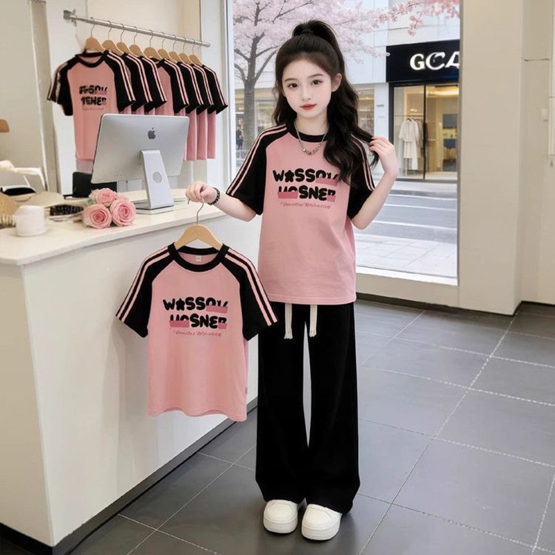 Girls' Summer Popular New Style Short-Sleeve T-Shirt Top and Sporty Wide-Leg Pants Two-Piece Set