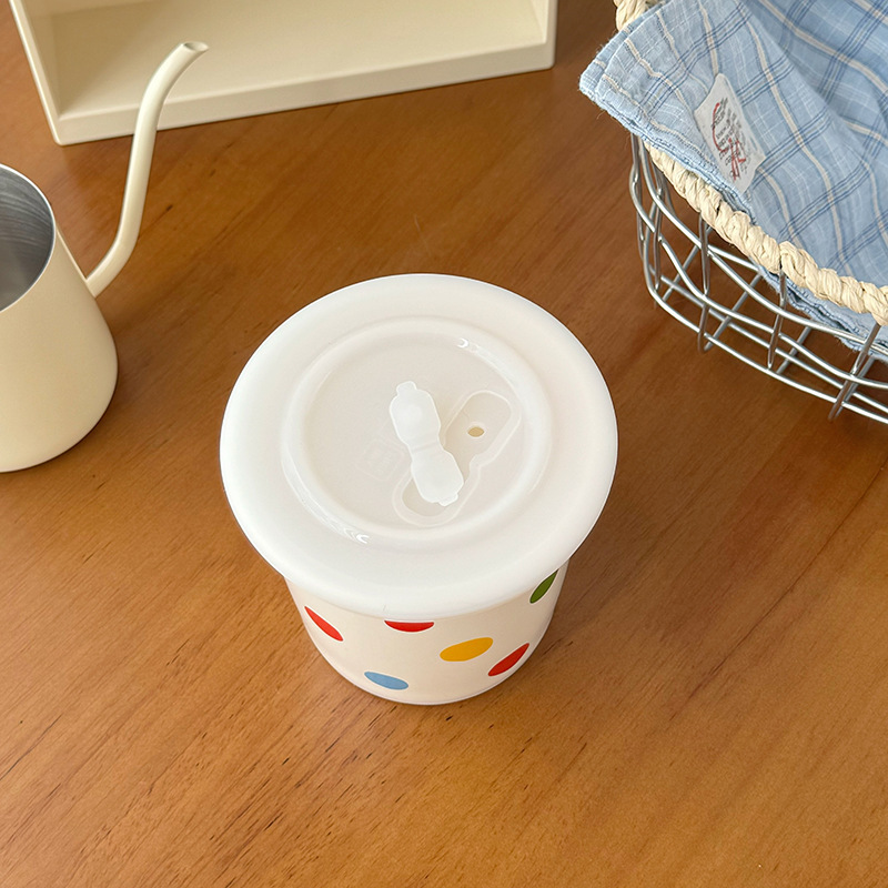 新品insカラー波点コーヒーカップ手持ちセラミックカップヨーグルトカップ蓋付き密封マグカップ高颜値|undefined