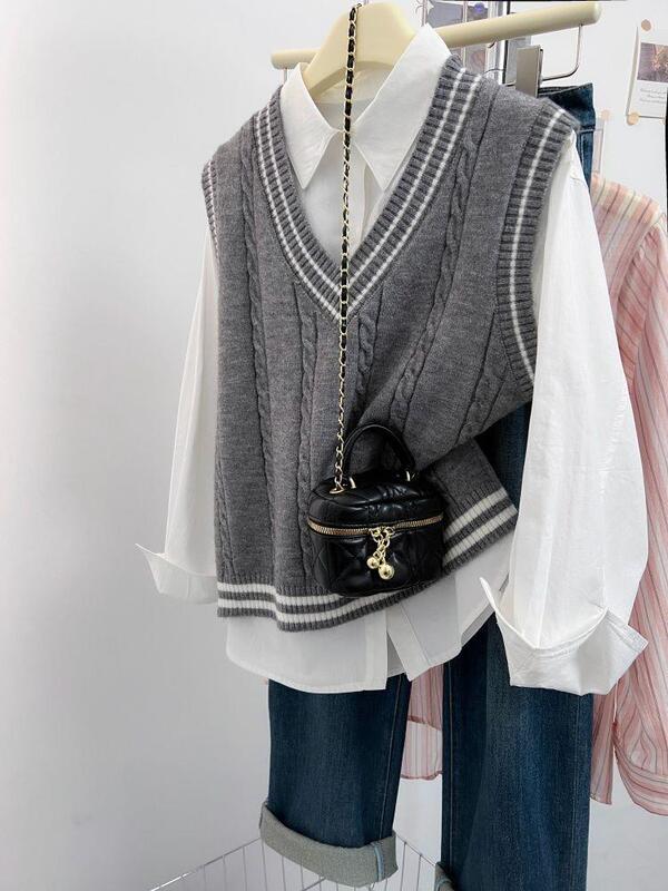 Layered two-piece outfit: new college-style striped shirt paired with a knitted vest sweater, versatile shirt outfit