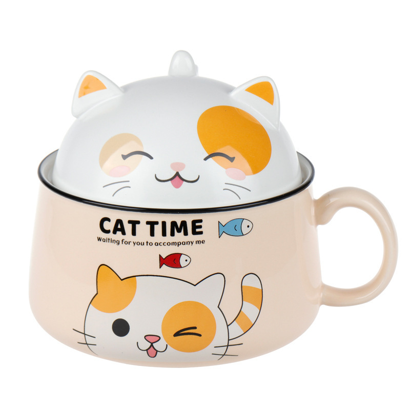 Taza de desayuno de caricatura de cerámica con tapa de alto valor de la oficina gatos creativos con mano mano mano mango de regalo tazón de porcelana image 8