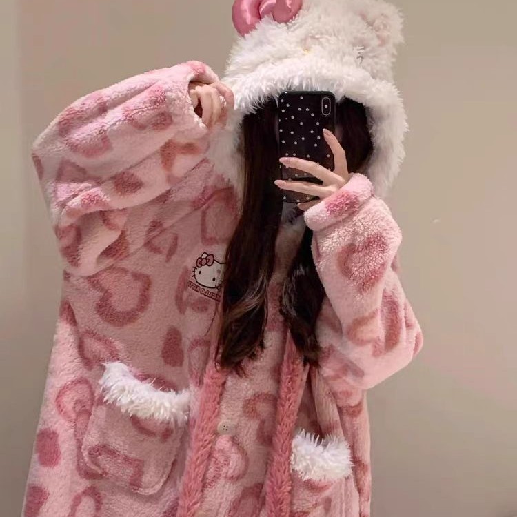Cute Hello Kitty Coral Fleece Pajamas Women's Winter Home Clothes Hooded Nightgown Cartoon Style Thickened Coral Fleece