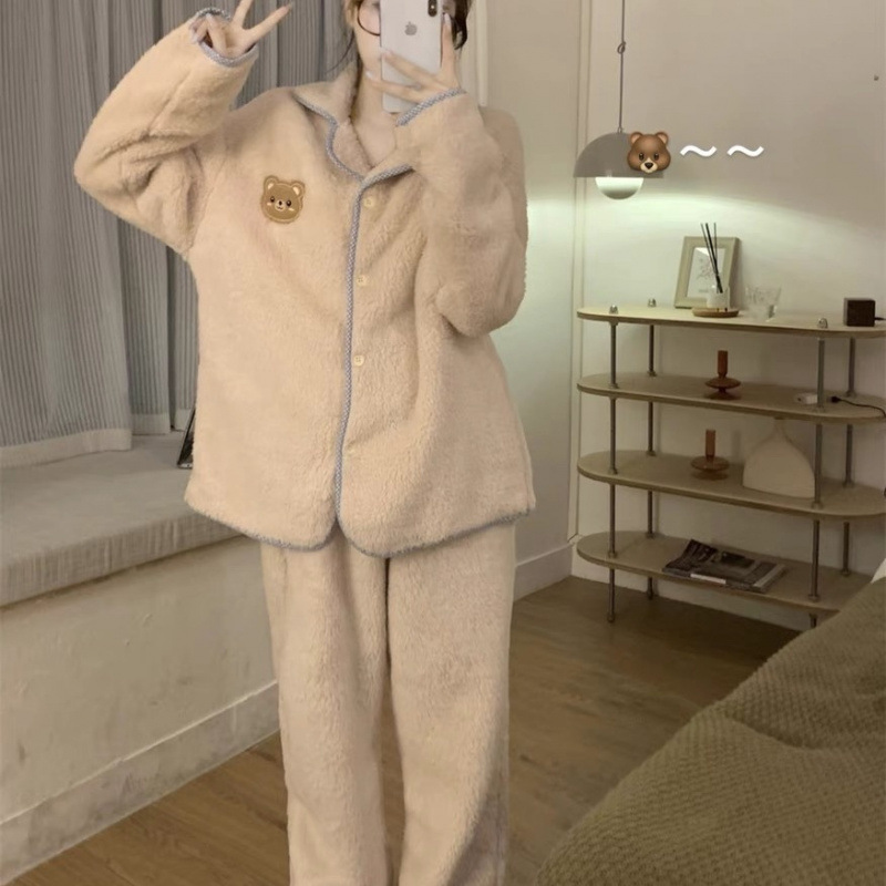 잠옷 여성의 가을과 겨울 칼라 산호 양털 따뜻한 플란넬 보우 포켓 느슨한 캐주얼 홈 의류 세트