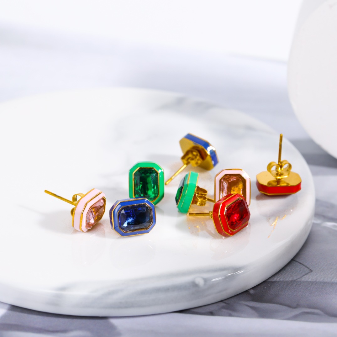 Fashion Square Stainless Steel Inlay Zircon Earrings Necklace