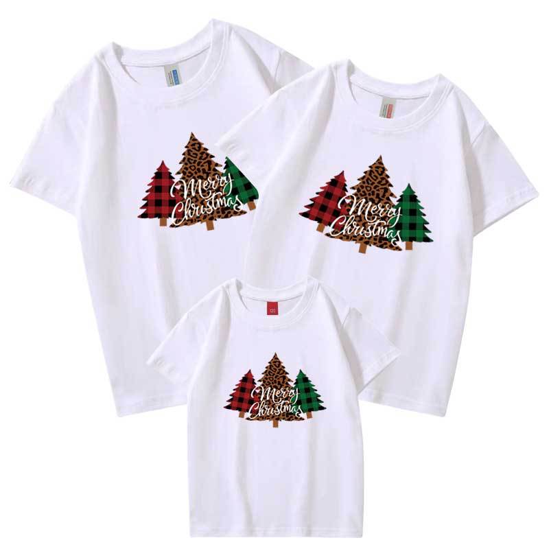 Nuevo Tres madre-niño ropa camiseta manga corta árbol de Navidad A cuadros Ropa de padres e hijos de Navidad europea y americana de comercio electrónico transfronterizo