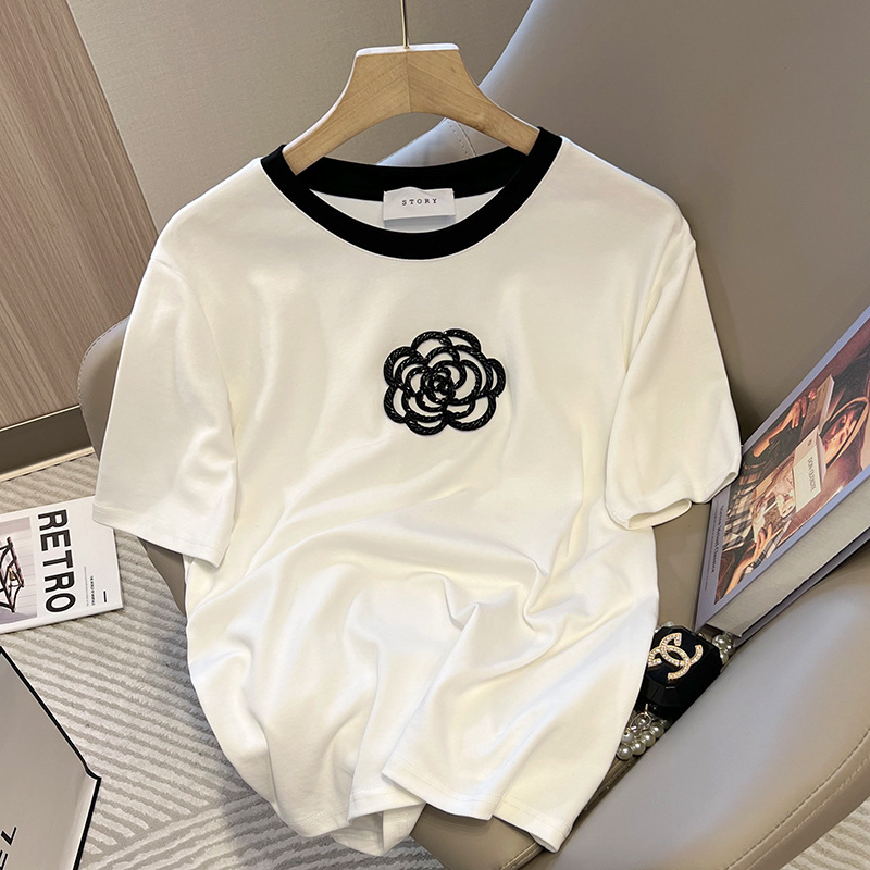 4243# senior Small fragrant wind three-dimensional Camellia ~Refinement Hit color Type version Short sleeved T-shirt