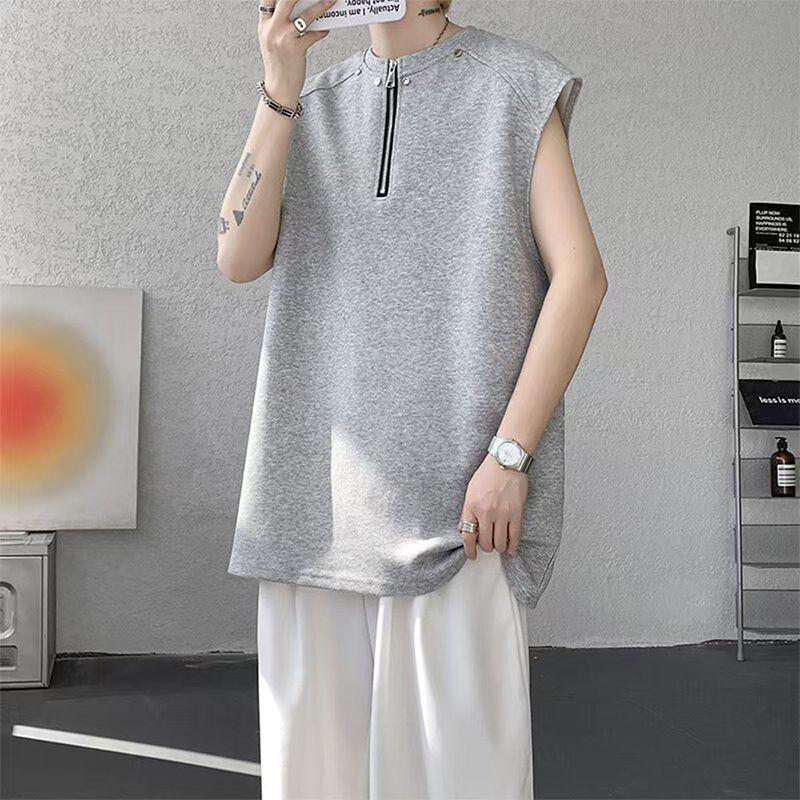 American Retro Rivet Sleeveless T-Shirt for Men, 2026 Summer New Style, Oversized Design with Half-Zip Top American Retro Rivet Sleeveless T-Shirt for Men, 2026 Summer New Style, Oversized Design with Half-Zip Top
