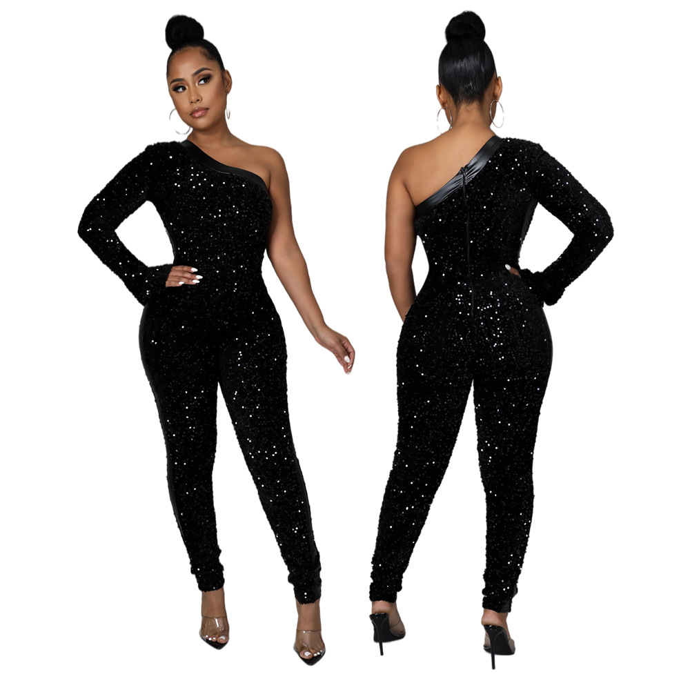 Oblique Shoulder Sequins Pu Stitching Slim Jumpsuit NSCYF112177