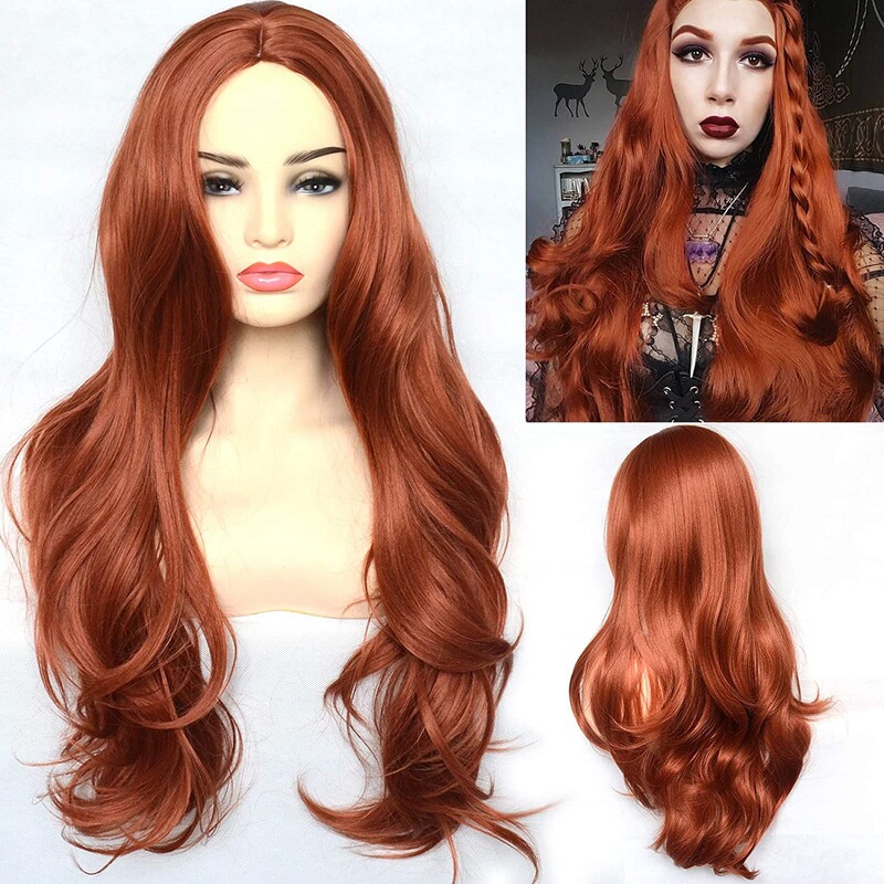 Foreign trade wig fashion points Big Wave long curly hair copper red cartoon long hairstyle masquerade full head cover