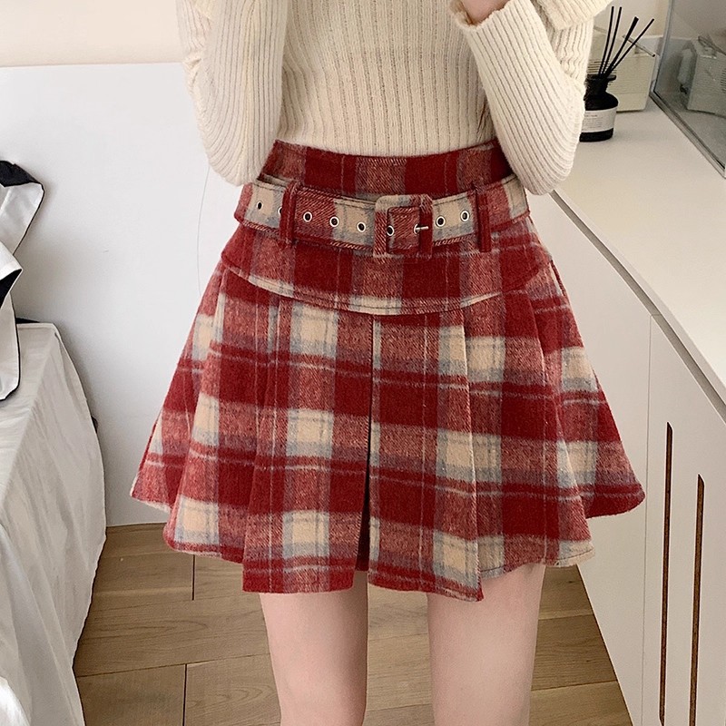 New Year's Red Plaid Skirt Woolen Skirt Early Autumn Large Size Fat mm High Waist Slimming Look A-Line Short Skirt Pleated Skirt