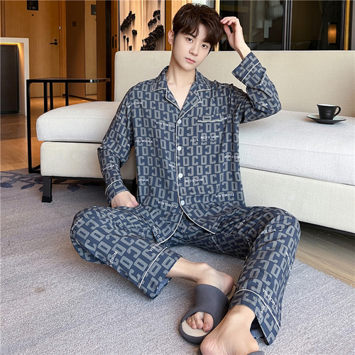 Men's Spring and Autumn Long Sleeve Cotton Silk Pajama Set with Simple and Refined Style, Thin Summer Collar Home Wear Suit