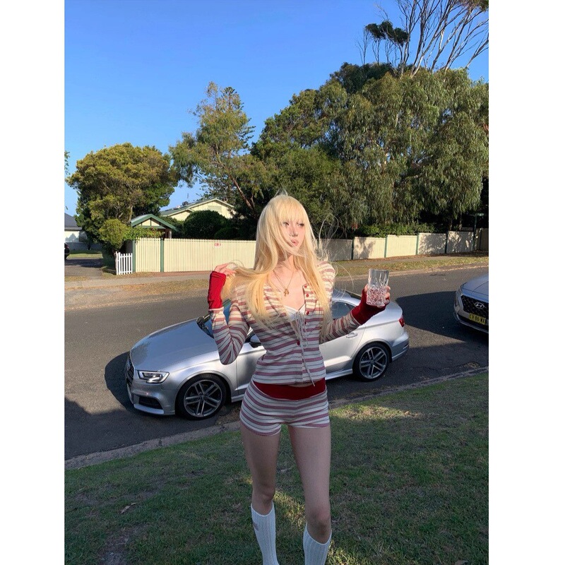 Rasa Le Sol ‘Strawberry Layers’ American-Style Lazy Striped Knit Cardigan and Shorts Set