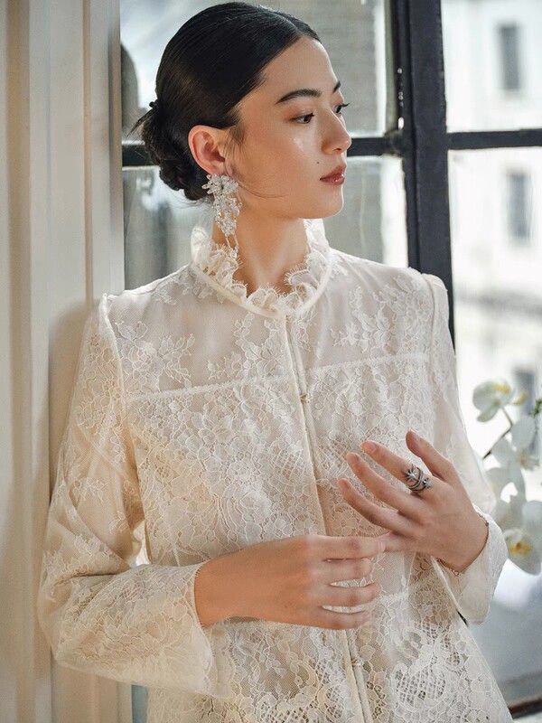 26 Autumn New Style Positioned Eyelash Lace Silk Georgette Lined Long Sleeve Shirt 126
