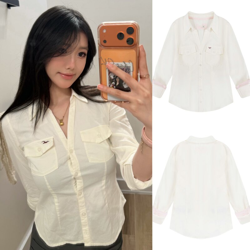 Hco Little Seagull Old Money Style Xiaohongshu Same Style Millennium Style Embroidered Pocket Classic V-Neck Slim Fit Color-Block Shirt for Women