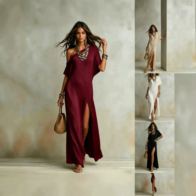 2026 Summer European and American Cross-Border Amazon Independent Site New Elegant Short-Sleeve Cotton-Linen Pleated Slit Women's Dress 2026 Summer European and American Cross-Border Amazon Independent Site New Elegant Short-Sleeve Cotton-Linen Pleated Slit Women's Dress
