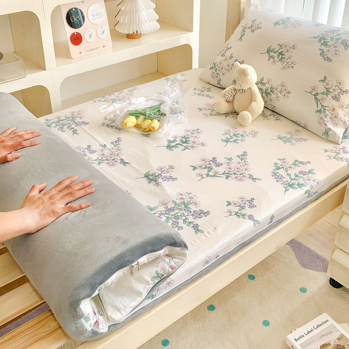 Colcha de cama de algodón de una sola pieza cubierta de cama individual de algodón para dormitorio de estudiantes cubierta protectora de colchón para niños con todo incluido disponible de doble cara