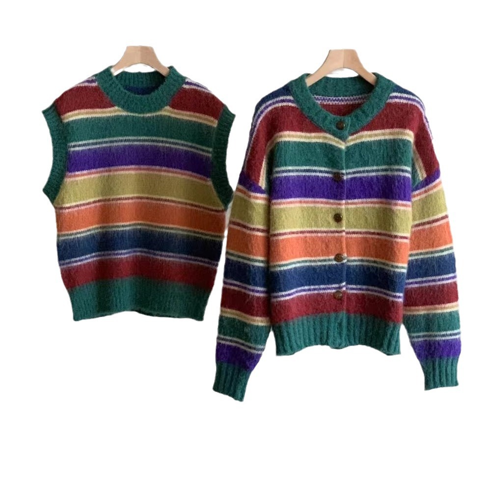 Autumn retro rainbow knitted cardigan