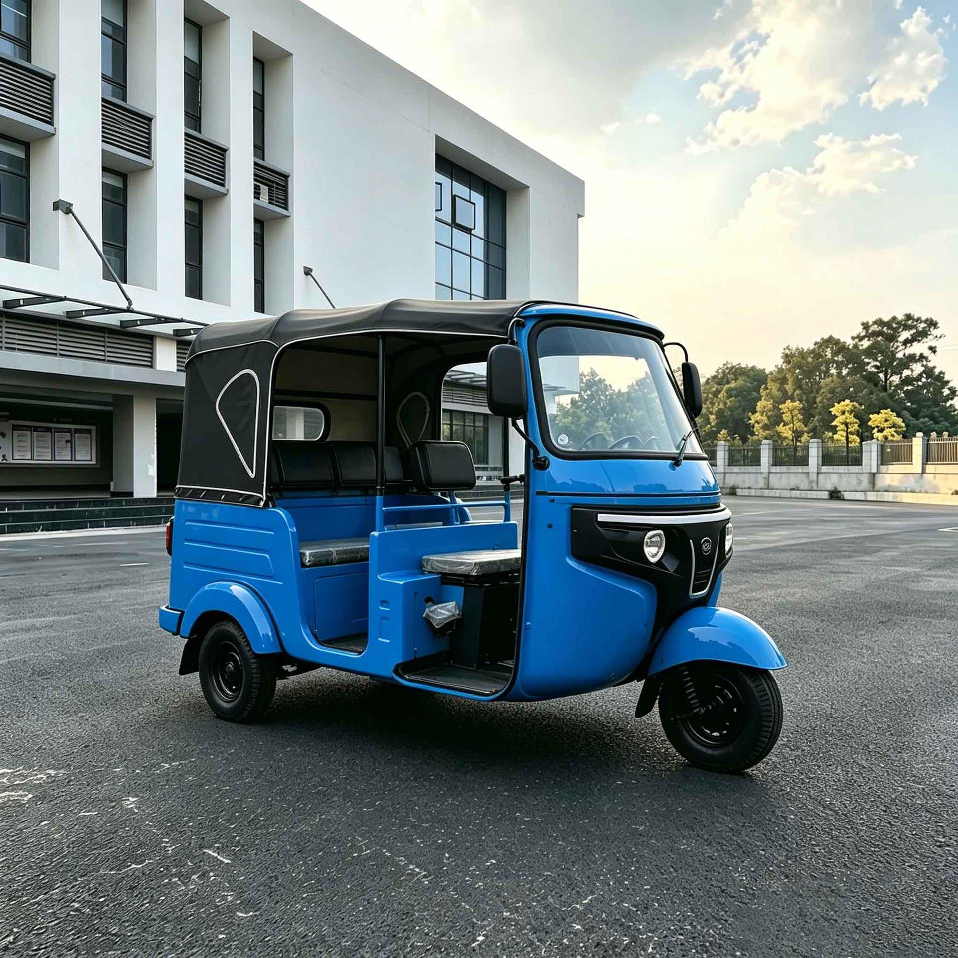 Electric passenger tourist tricycle with front shock absorber and swing arm, passenger-dedicated tuktuk for export, cross-border, blue