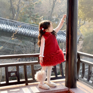 New Year's Chinese Style Girl's Vintage Bright Diamond Buckle Small Fragrant Mesh Tutu Layer-by-Layer Cake Skirt Modified Cheongsam Skirt