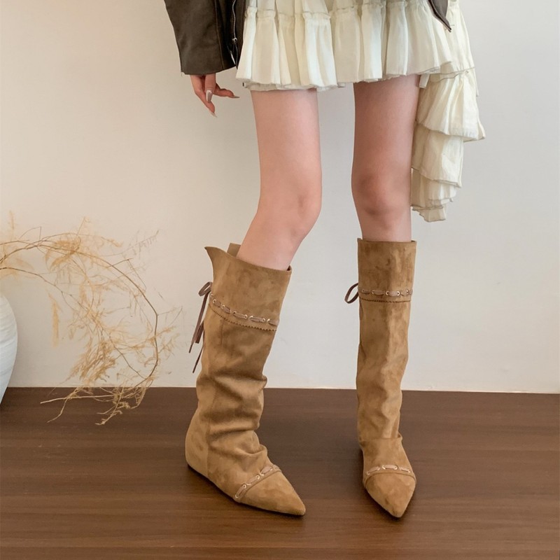复古尖头褶皱堆堆靴女可折叠两穿辣妹西部牛仔靴内增高显瘦长筒靴|undefined