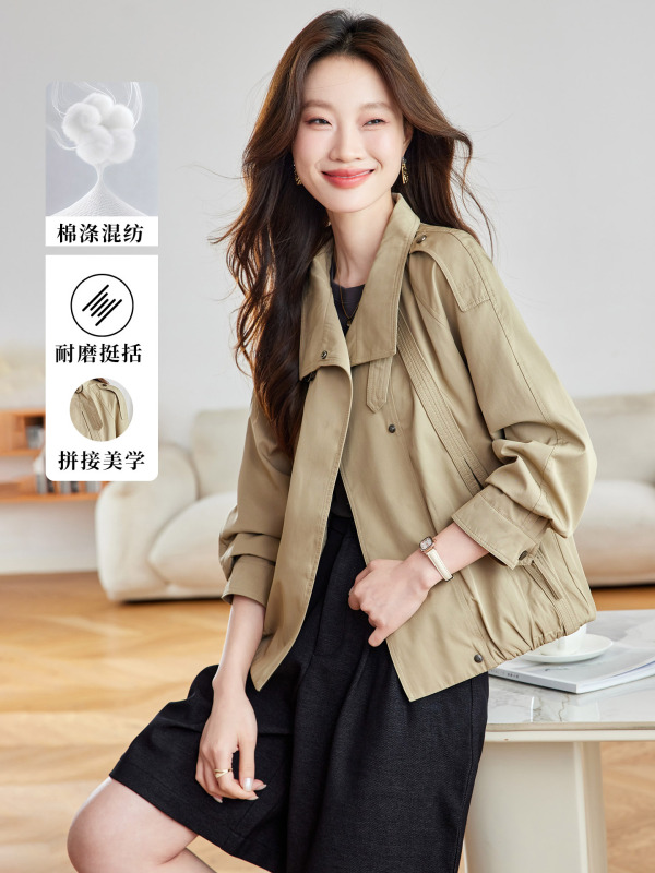 棉茧 短款风衣外套女2025春秋新款通勤韩版大码夹克立领休闲上衣|undefined