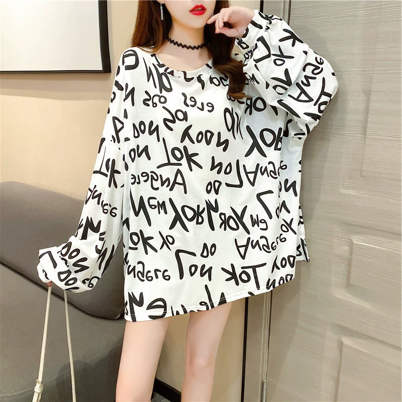 Длинная тонкая футболка с длинным рукавом, осенняя, корейский стиль, plus size, средней длины, 2020