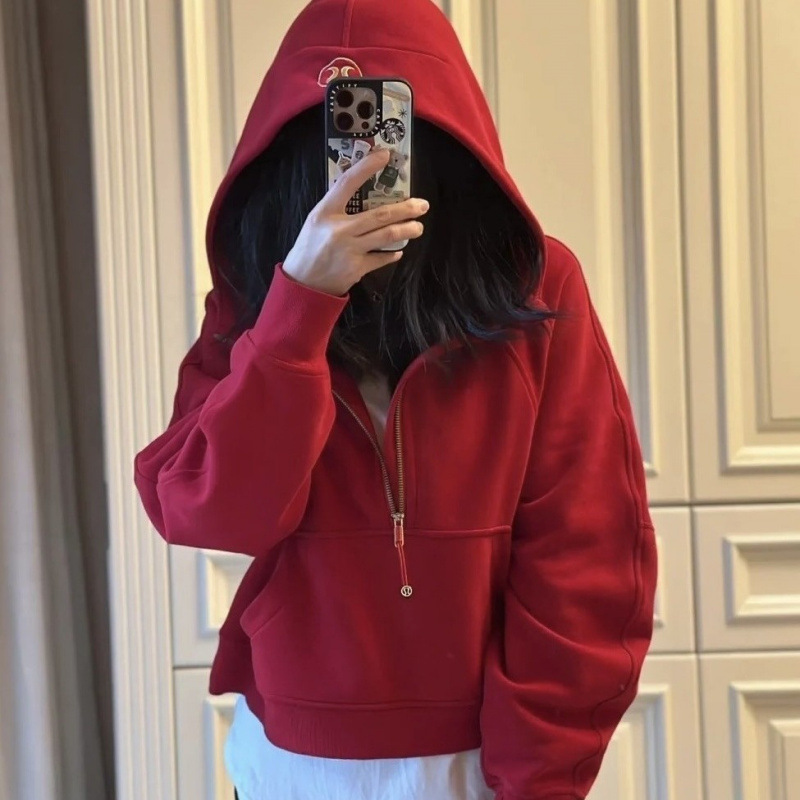 Lulu-style embroidered Scuba hoodie with half-zip, loose fit, fleece-lined, casual, warm, suitable for sports and yoga