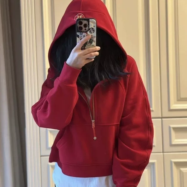 Lulu-style embroidered Scuba hoodie with half-zip, loose fit, fleece-lined, casual, warm, suitable for sports and yoga