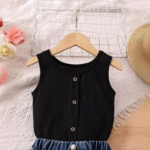 European and American cross-border children's clothing: girls' summer striped solid color sleeveless off-shoulder pullover with ripped denim long pants two-piece set