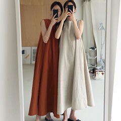 2025 韓国風スカート夏韓国風ルーズ大裾ノースリーブロングスリムドレス女性トレンド