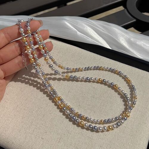 S925 Silver Accessories Candy Mixed Color Shi Jia Pearl Necklace Women's Beaded Clavicle Chain Dopamine Jewelry