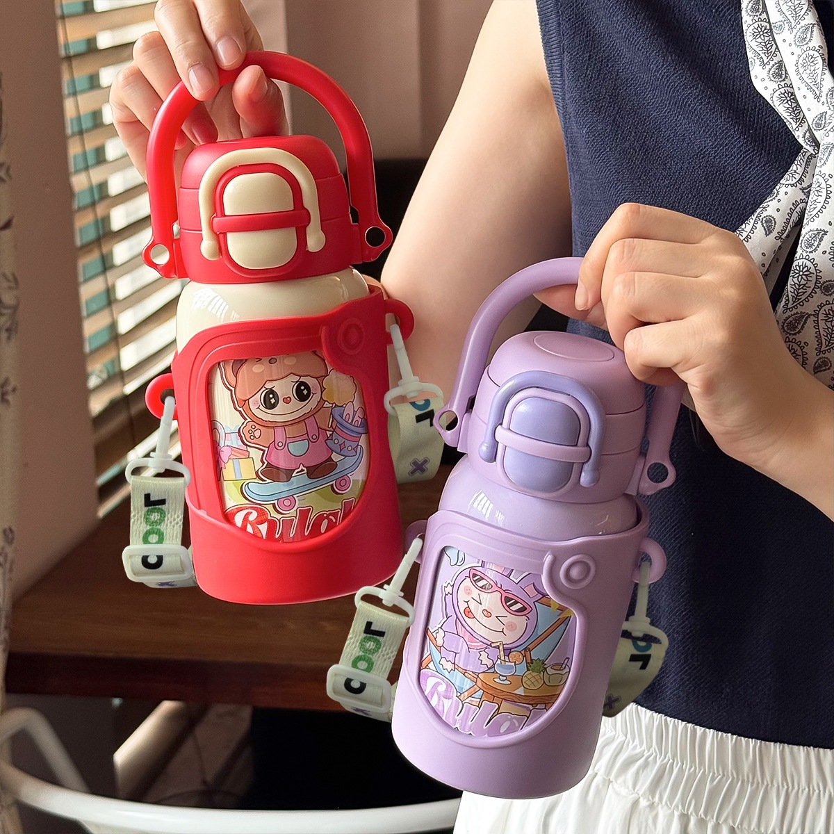 Taza caliente de caliente para niños de dibujos animados de alto valor facial doble bebida para estudiantes de taza de agua portátil especial para la escuela