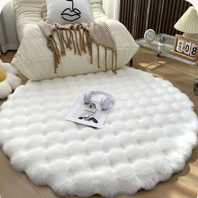 Cream-Colored Round Carpet, Thick Rabbit Car Carpet - white-thick-bubble-velvet-diameter-50cm