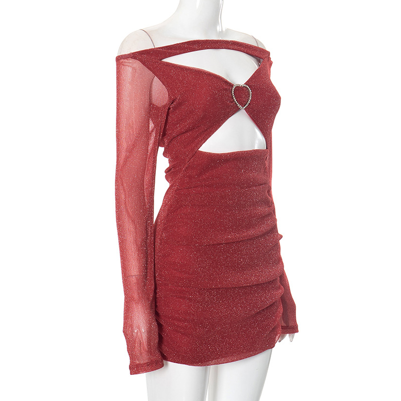 Women Clothing off Shoulder Mesh Long Sleeve Stitching Hollow Out Cutout Sexy Hip Dress