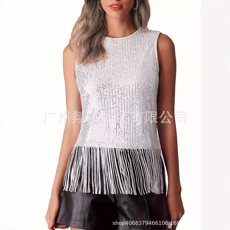 Amazon Women's Shiny Tassel Top Sleeveless Round Neck Tassel Sequin Vest Flash Short Party Shirt Amazon Women's Shiny Tassel Top Sleeveless Round Neck Tassel Sequin Vest Flash Short Party Shirt