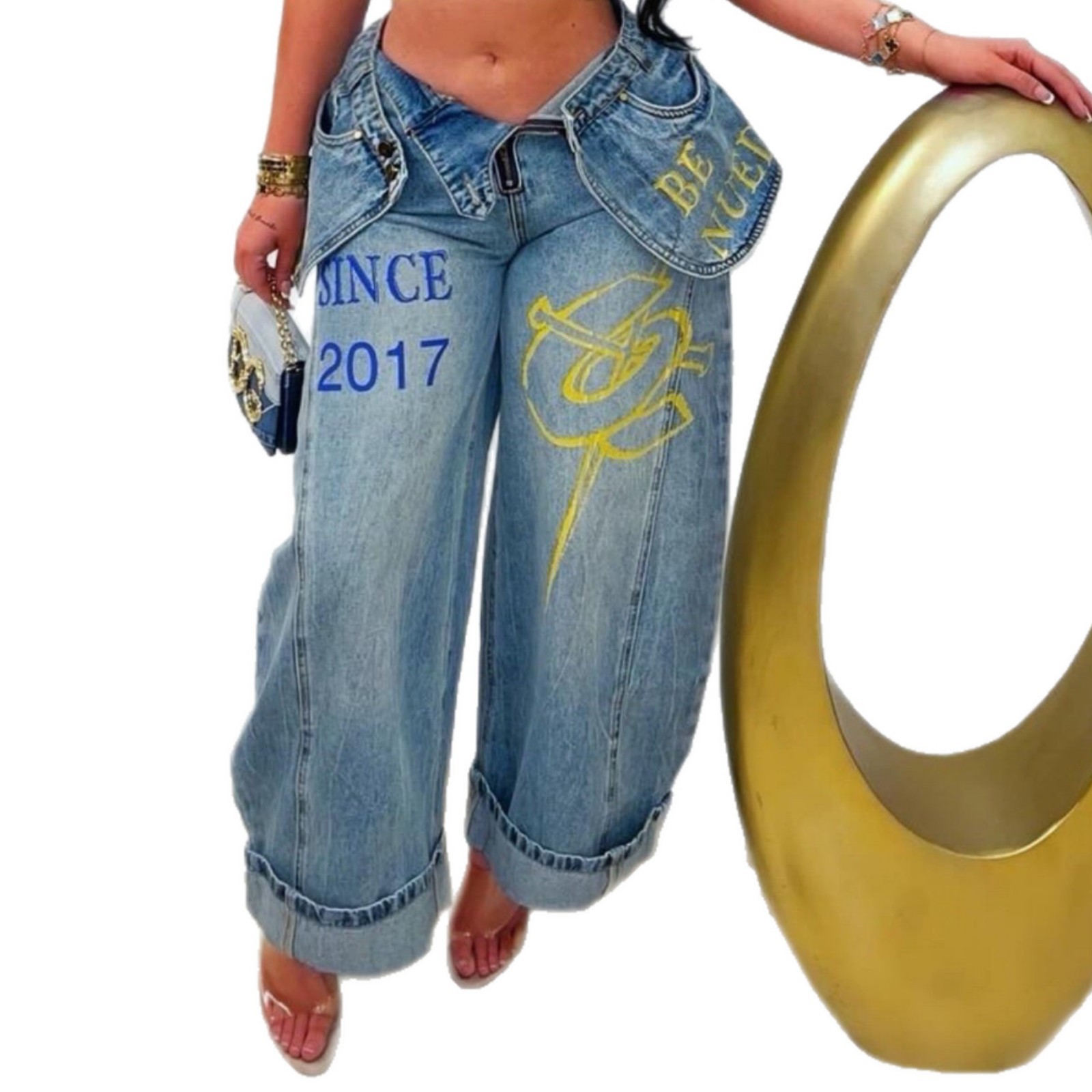 Women's Faux Two-Piece Layered Double Waist Printed Loose Wide Leg Jeans Style New_mkmklike.com